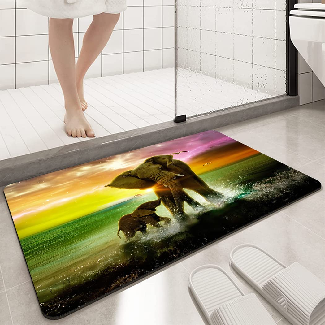 OHTMTHO 17"x24" Bathroom Rugs Non Slip Washable Bath Mat Small Door Floor Mat Printed with Colorful Seaside Elephants
