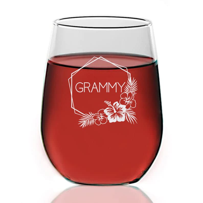 Grammy Wreath Wine Glasses - Grammy Wine Glass Floral Laser Engraved - Stemless Wine Glass - Grammy Wine Glass - Mother's Day - Grammy Gift - Birthday Gifts For Grammy