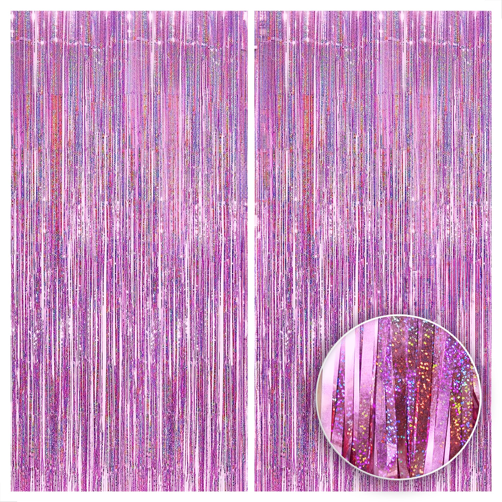 KatchOn Iridescent Pink Backdrop Curtain - XtraLarge 3.2x8 Feet, Pack of 2 | Pink Streamers for Pink Party Decorations | Pink Fringe Backdrop for Pink Birthday Decorations | Pink Fringe Photo Backdrop