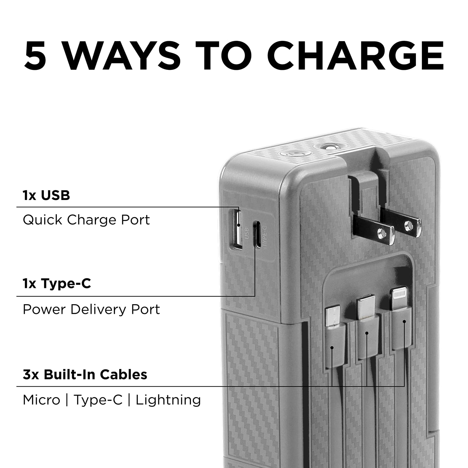 Limitless TotalCharge Portable Power Bank & Wall Charger with Built-in Charging Cables (Gray)