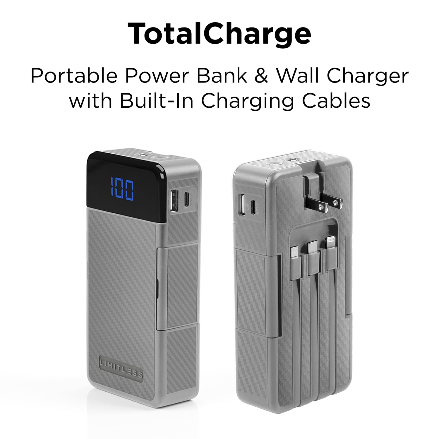 Limitless TotalCharge Portable Power Bank & Wall Charger with Built-in Charging Cables (Gray)