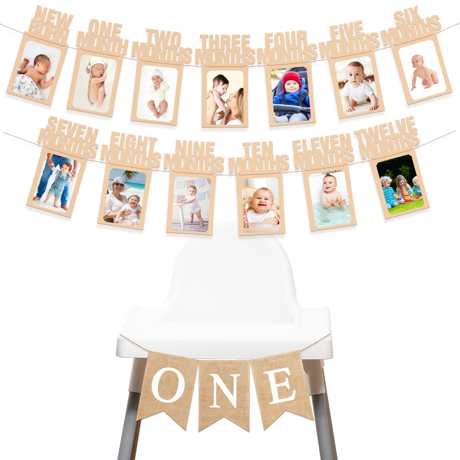 One High Chair First Birthday Burlap Banner One Banner and 1st Birthday Photo Banner for Boy Girl Newborn 12 Month One Year Old Birthday Decorations Monthly Milestones Garland Photo Prop Supplies