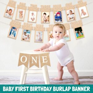 One High Chair First Birthday Burlap Banner One Banner and 1st Birthday Photo Banner for Boy Girl Newborn 12 Month One Year Old Birthday Decorations Monthly Milestones Garland Photo Prop Supplies