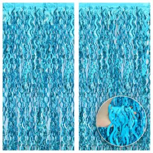 katchon, xtralarge, wavy blue foil fringe curtain - 3.2x6.4 feet, pack of 2 | blue water streamer backdrop for beach party decorations | under the sea party decorations | summer decorations for party