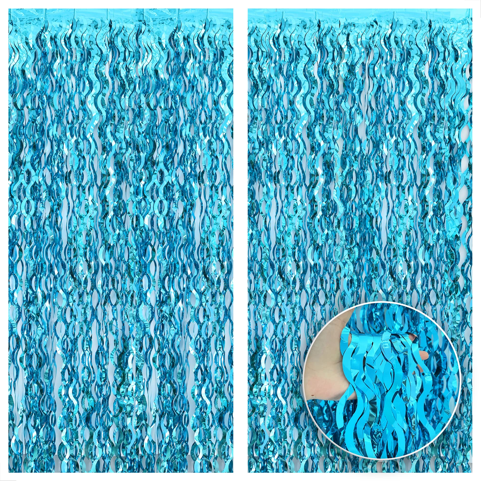 KatchOn, XtraLarge, Wavy Blue Foil Fringe Curtain - 3.2x6.4 Feet, Pack of 2 | Blue Water Streamer Backdrop for Beach Party Decorations | Under The Sea Party Decorations | Summer Decorations for Party