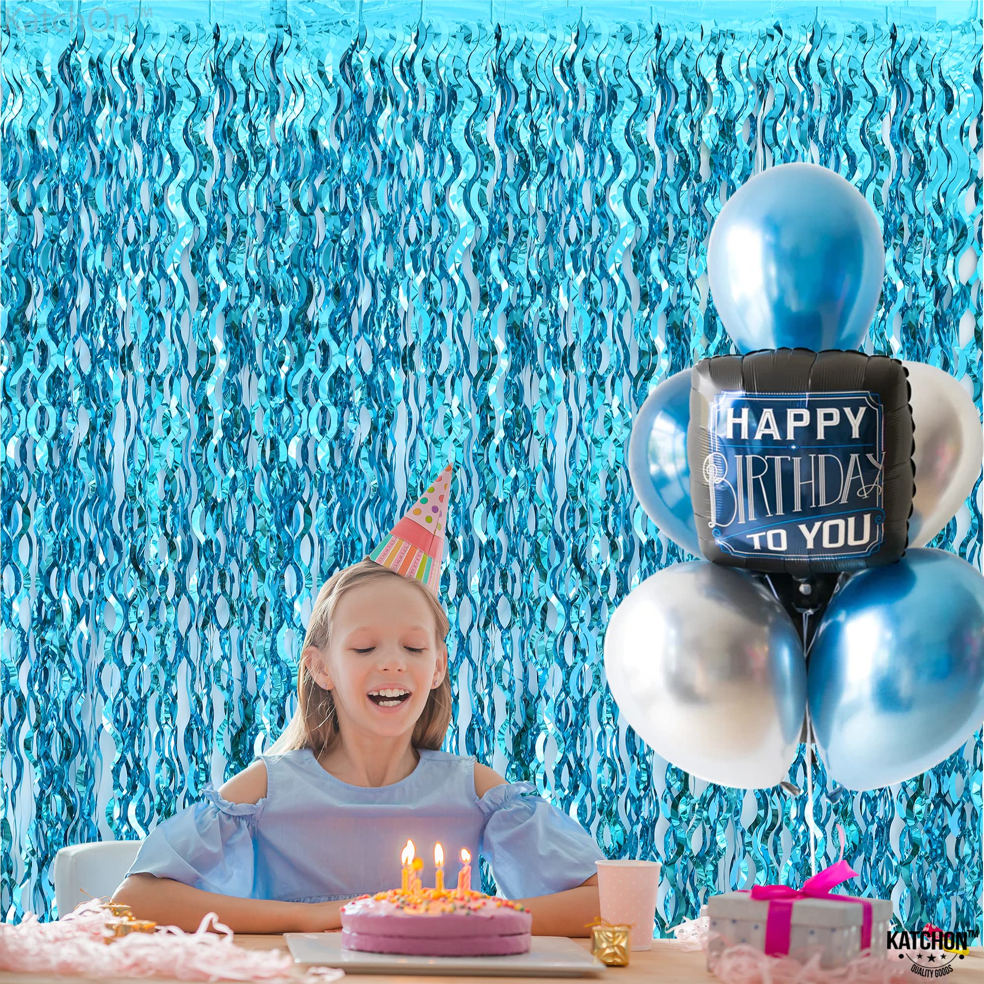 KatchOn, XtraLarge, Wavy Blue Foil Fringe Curtain - 3.2x6.4 Feet, Pack of 2 | Blue Water Streamer Backdrop for Beach Party Decorations | Under The Sea Party Decorations | Summer Decorations for Party