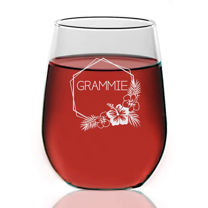 Grammie Wreath Wine Glasses - Grammie Wine Glass Floral Laser Engraved - Stemless Wine Glass - Grammie Wine Glass - Mother's Day - Grammie Gift - Birthday Gifts For Grammie