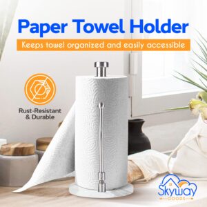 Skyway Goods - Stainless Steel Paper Towel Holder, Paper Towel Stand with Weighted Anti-Slip Base, Sleek Kitchen Countertop Paper Towel Holder, Space-Saving Paper Towel Holder, Light Marble Base