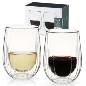 viski insulated double walled wine set with cut crystal design-dishwasher safe borosilicate glass 13oz set of 2, clear