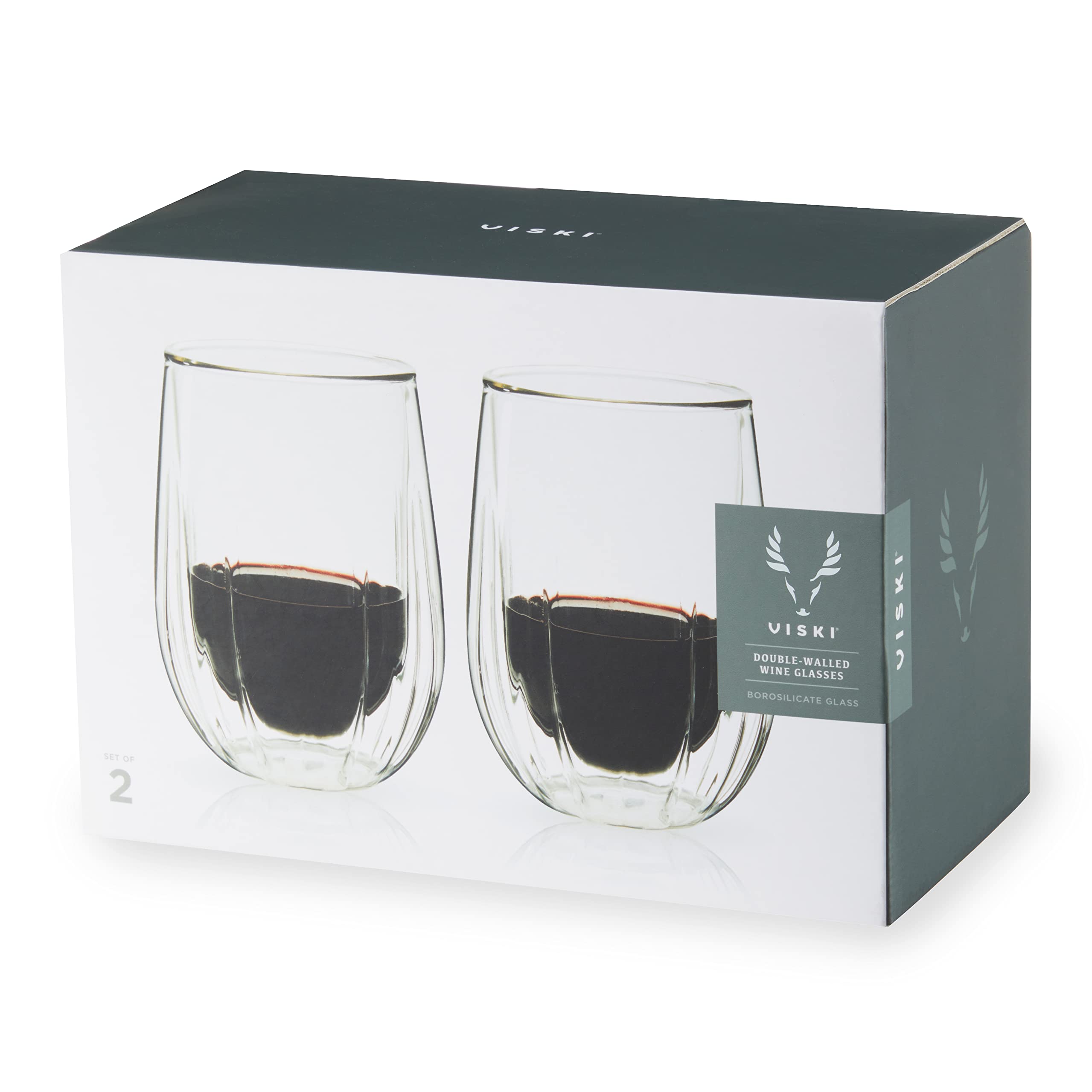 Viski Insulated Double Walled Wine Set with Cut Crystal Design-Dishwasher Safe Borosilicate Glass 13oz Set of 2, Clear