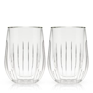 Viski Insulated Double Walled Wine Set with Cut Crystal Design-Dishwasher Safe Borosilicate Glass 13oz Set of 2, Clear