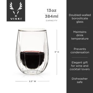 Viski Insulated Double Walled Wine Set with Cut Crystal Design-Dishwasher Safe Borosilicate Glass 13oz Set of 2, Clear