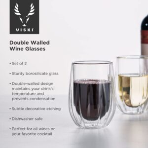 Viski Insulated Double Walled Wine Set with Cut Crystal Design-Dishwasher Safe Borosilicate Glass 13oz Set of 2, Clear