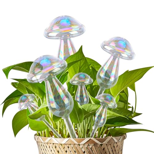 HIMOMO 6 Pcs Iridescent Plant Watering Globes, Colorful Glass Self Watering Globes Iridescent Pearl Plant Watering Bulbs Color Clear Glass Plant Watering Devices for Indoor Outdoor Garden(Mushroom)