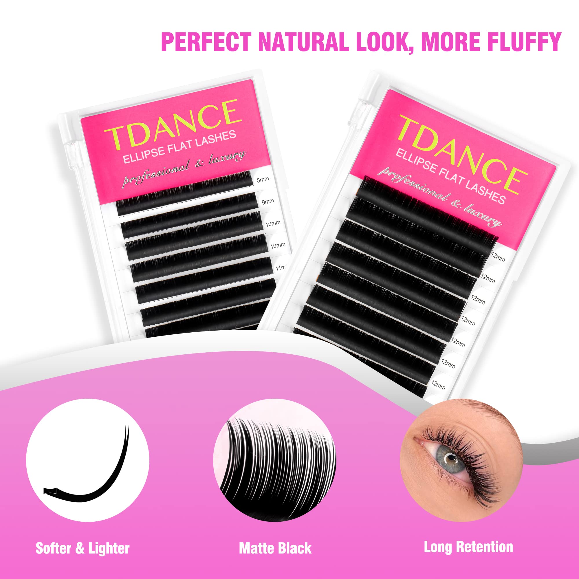 TDANCE Premium D Curl 0.03 Eyelash Extensions Mixed 8-15mm + Ellipse Flat Lashes 0.15 CC Curl 8-15mm