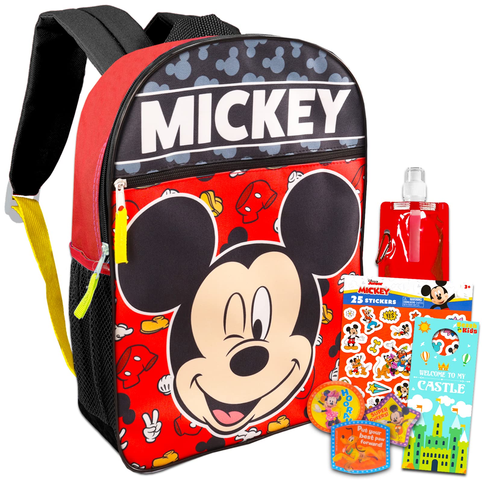 Mickey Mouse Backpack for Boys 4-6 Set - Bundle with 16” Disney Mickey Mouse Backpack, Water Bottle, Stickers, More | Disney Mickey Mouse School Backpack