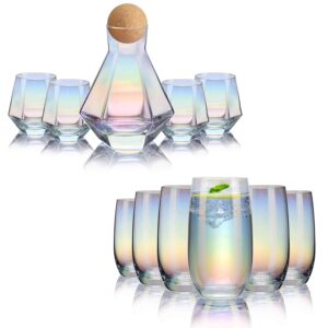 cukbless iridescent glassware set, 6 drinking glasses for water, juice, and beverages, and 4 wine glasses with 1 diamond-shaped wine decanter, perfect for new home or housewarming gifts