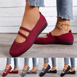 BLShaoJ Mesh Flat Heel Shoes for Women Slip On Solid Color Round Toe Shallow Mouth Casual Shoes Comfortable Dressy Breathable Outdoors Fashion Walk Knitting Sandals Wine