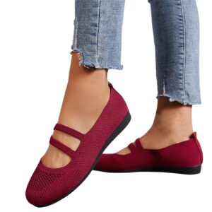 BLShaoJ Mesh Flat Heel Shoes for Women Slip On Solid Color Round Toe Shallow Mouth Casual Shoes Comfortable Dressy Breathable Outdoors Fashion Walk Knitting Sandals Wine