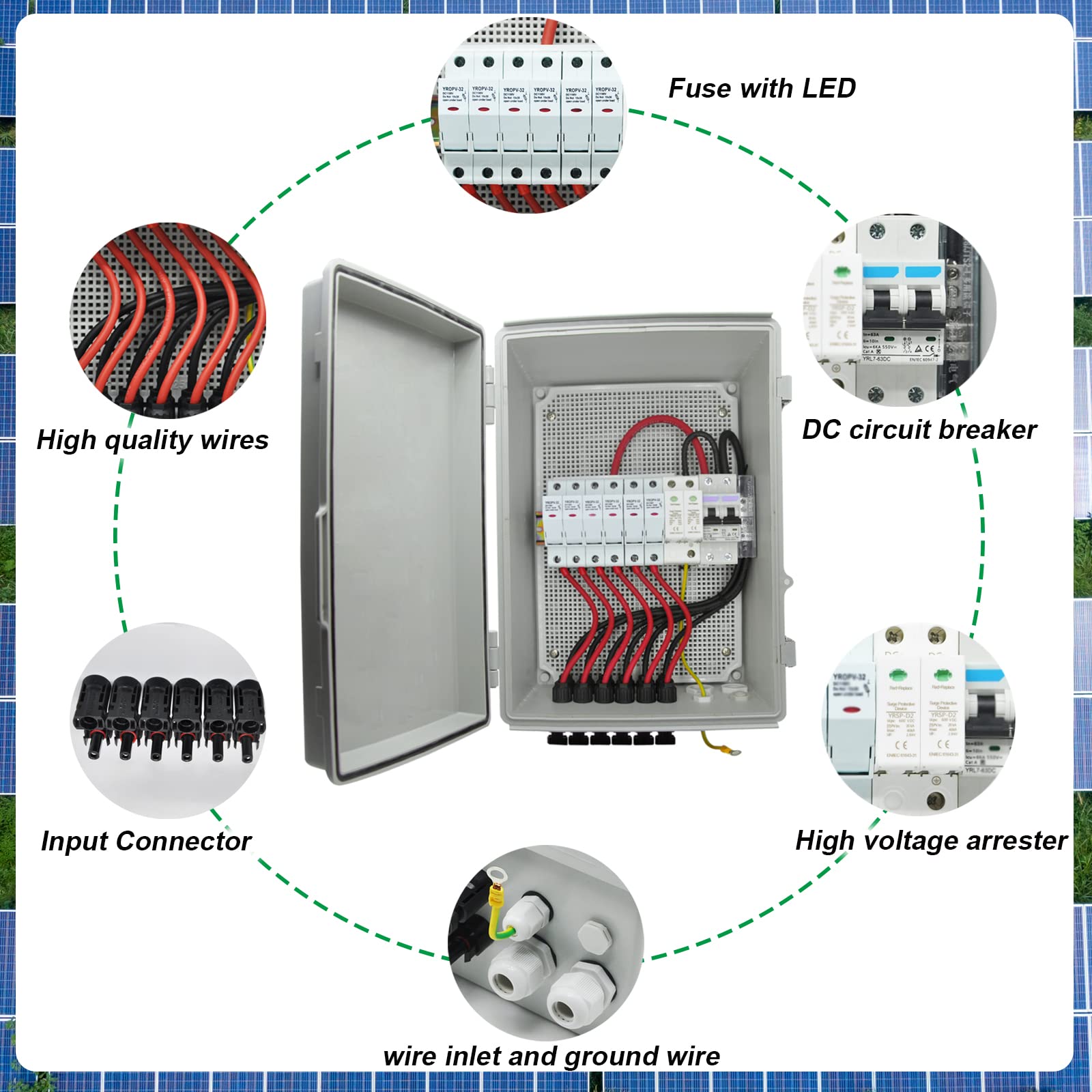 DEEKOOL Upgraded 6 String Solar Combiner Box, PV Combiner Box with 63A Air Circuit Breaker, and IP65 Waterproof for Solar Panel System