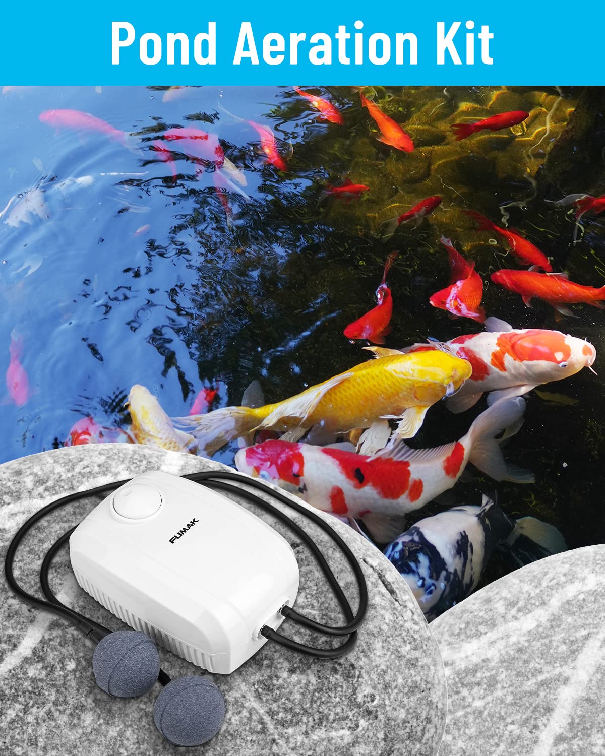 FUMAK Pond Aeration Kit – Koi Pond Aerator Pond Air Pump Kit for Pond up to 2000 Gallons Pond Deicer All-in-One Pond Aeration System with Double Outlets Check Valves Airline Tubing Air Stones