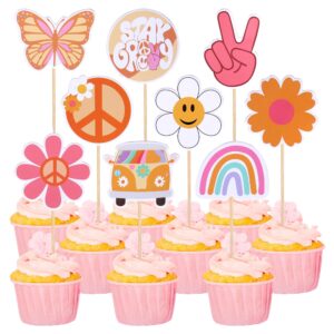 36 pcs hippie party cupcake toppers peace sign hand butterfly two groovy cupcake picks dasiy flower bus 60s retro boho cake decorations for hippie two groovy carnival theme 2nd birthday party supplies