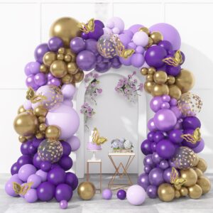 150pcs purple balloon garland arch kit, butterfly dark purple gold lavender metallic light pastel lilac confetti balloons for girl princess butterfly birthday baby shower wedding party decorations