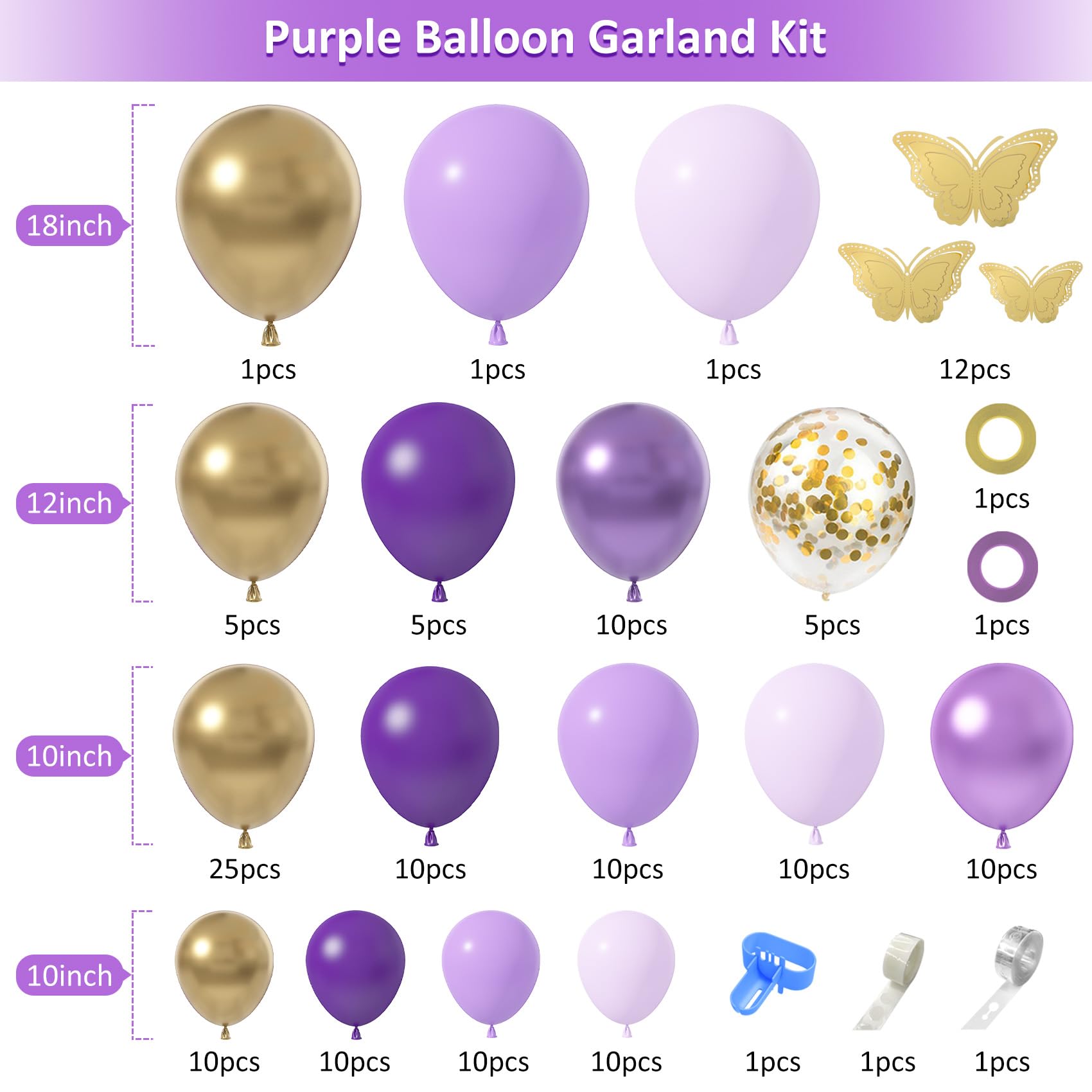 150Pcs Purple Balloon Garland Arch Kit, Butterfly Dark Purple Gold Lavender Metallic Light Pastel lilac Confetti Balloons for Girl Princess Butterfly Birthday Baby Shower Wedding Party Decorations