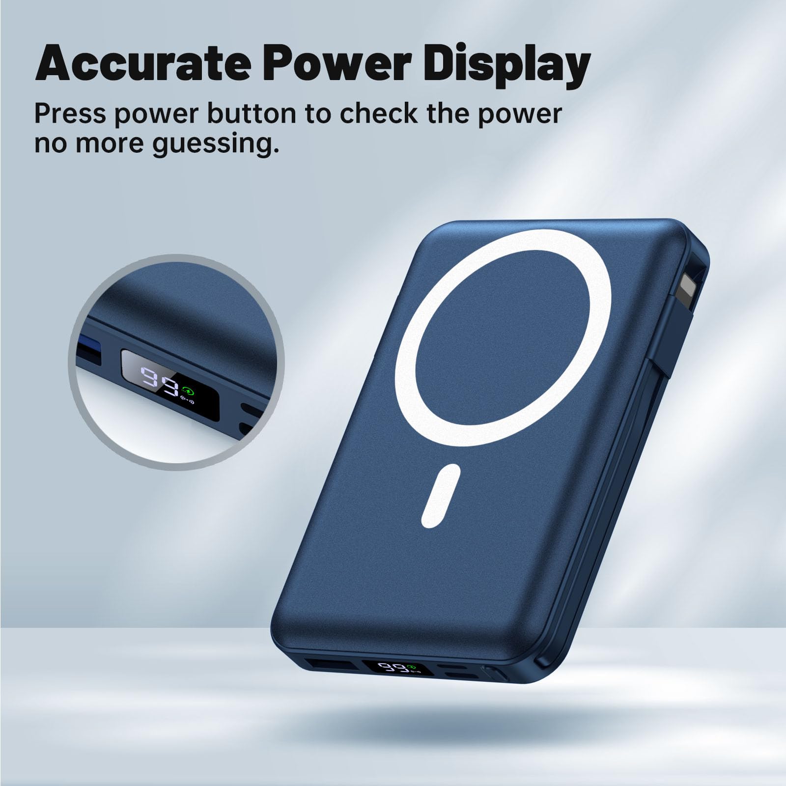 Yiisonger Magnetic Wireless Power Bank - 10000mAh Portable Charger 22.5W PD Fast Charging with Built-in Cables LED Display, Slim Magnetic Battery Pack for iPhone 15/14/13/12/Pro/Mini/Pro Max (Blue)