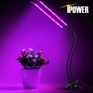 iPower LED Grow Light with Full Spectrum for Indoor Plants, Adjustable Gooseneck, 2/3 Light Modes&5/10 Dimmable Levels, 3 Auto Timing Modes, 2 Tubes, Red&Blue