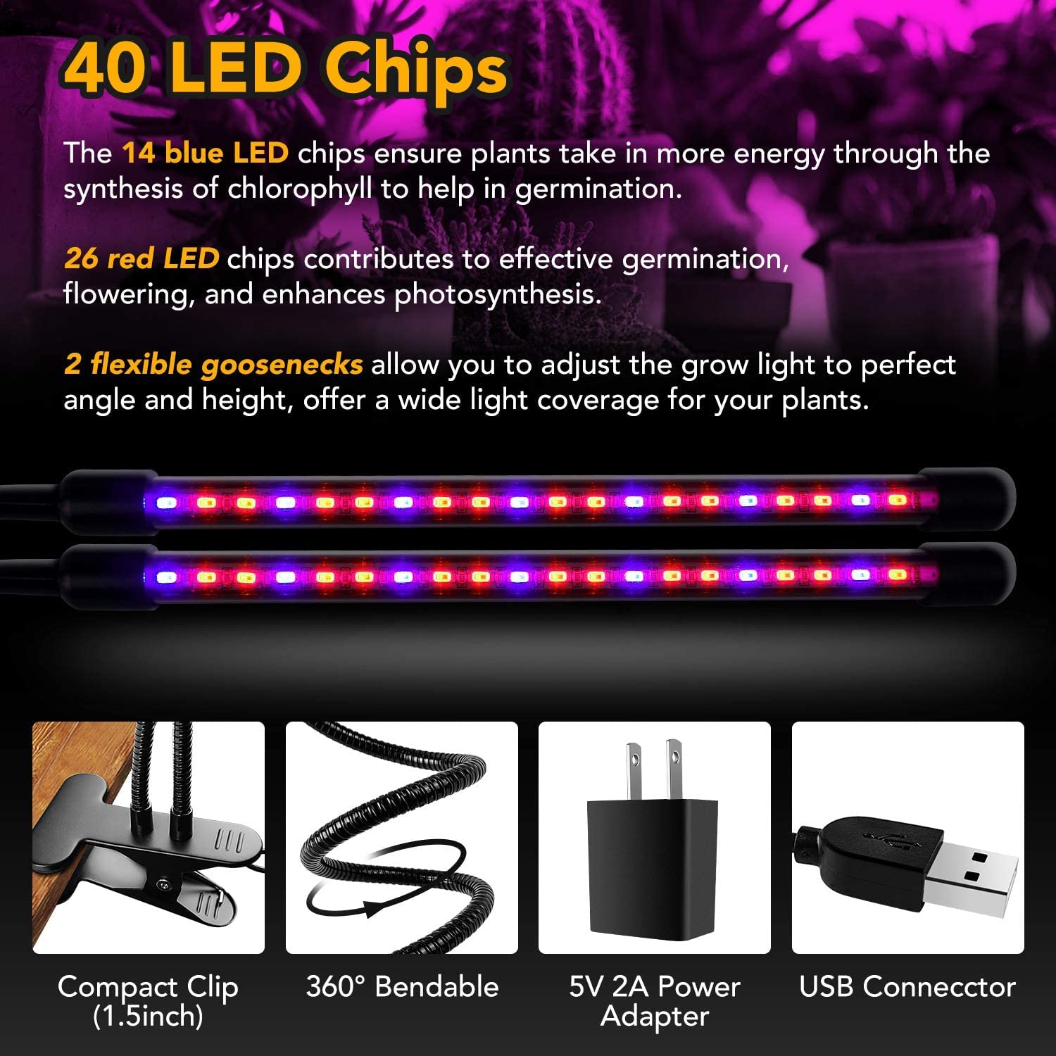 iPower LED Grow Light with Full Spectrum for Indoor Plants, Adjustable Gooseneck, 2/3 Light Modes&5/10 Dimmable Levels, 3 Auto Timing Modes, 2 Tubes, Red&Blue