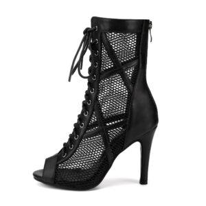 dkzsyim open toe dance boots women latin salsa ballroom lace-up ankle dance shoes,k99-black,3 3/4 inch,rubber,us 7.5