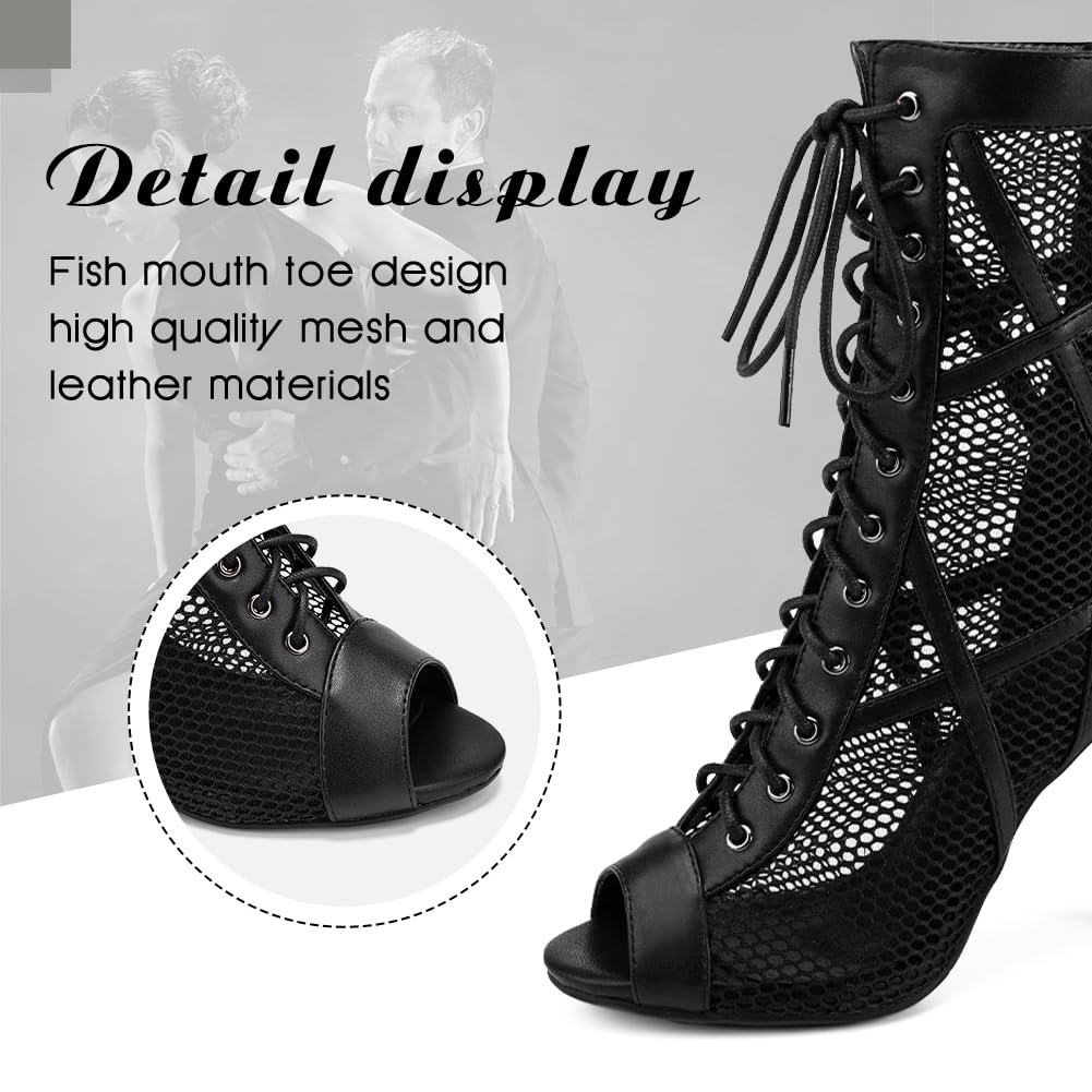 DKZSYIM Open Toe Dance Boots Women Latin Salsa Ballroom Lace-up Ankle Dance Shoes,K99-Black,3 3/4 inch,Rubber,US 7.5