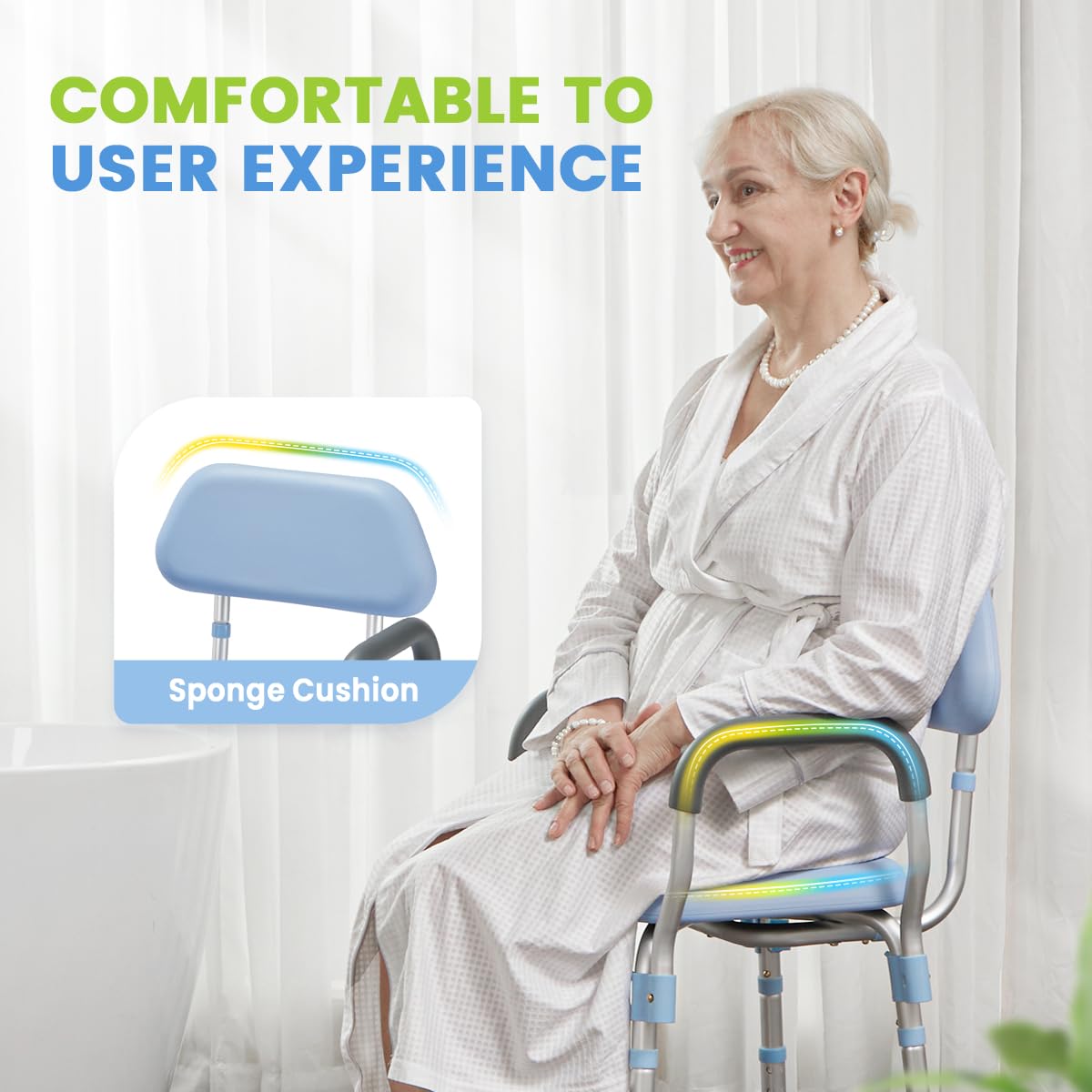 OasisSpace Padded Shower Chair with Back, Tool-Free Bath Chair for Inside Shower - Anti Slip Bathroom Chair Seat for Seniors with Detachable Armrest for Elderly, Senior, Handicap & Disabled