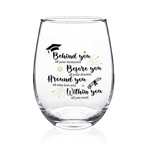 Futtumy Graduation Gifts for Her, Behind You All Your Memories Before You All Your Dreams Stemless Wine Glass, 2023 Graduation Gifts for College and High School Graduates, Cool Graduation Gift, 17oz