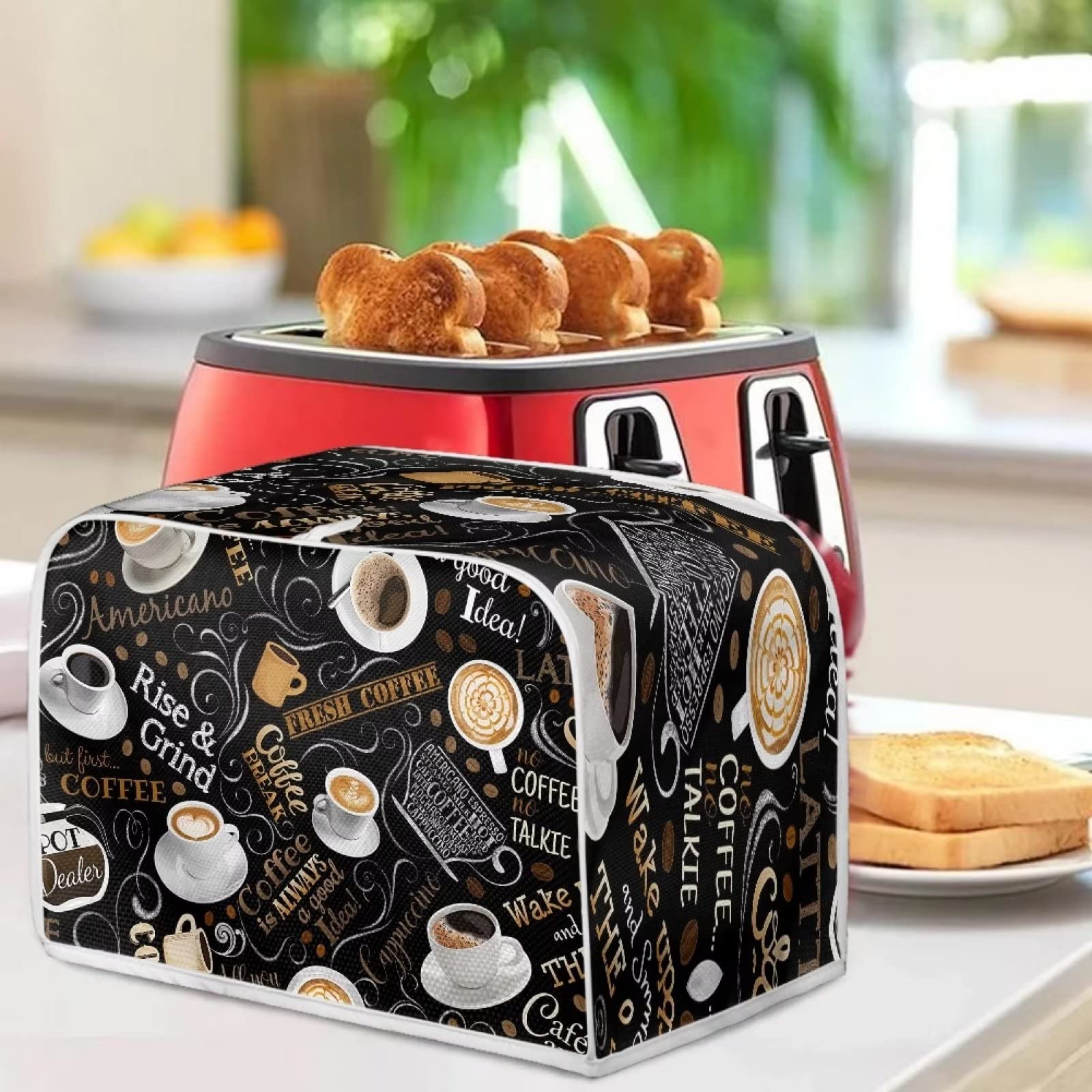 AFPANQZ Coffee Print Kitchen Toaster Covers Universal 4 Slice Bread Toaster Cover Protection Stain Resistant Dustproof Bread Maker Covers