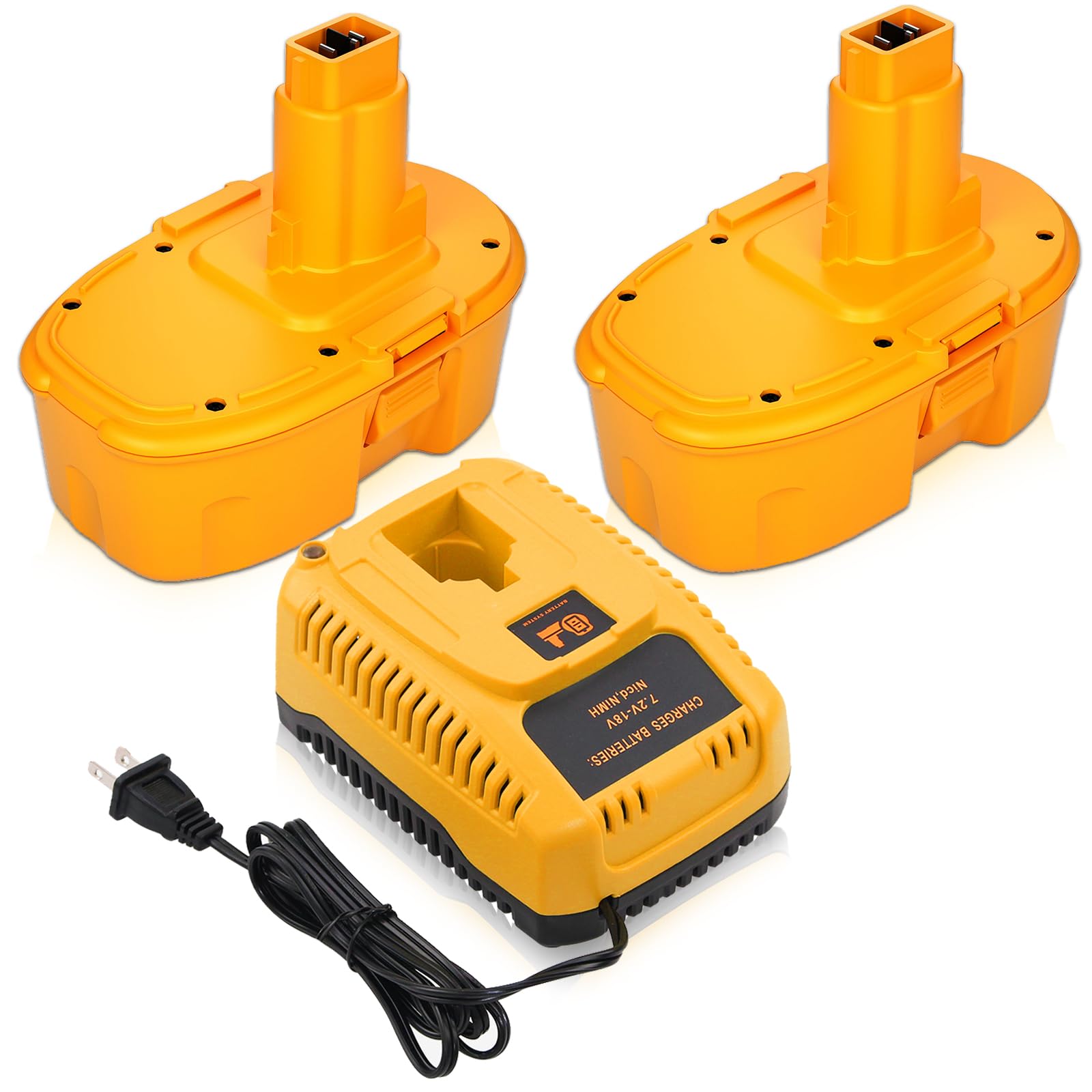 2Pack 18V 3600mAh DC9096 DC9098 Replacement Battery Compatible with Dewalt 18 Volt Battery DC9099 DW9098 DW9099 DW9095 DW9096 DE9039 DE9098 and DC9310 Charger for 7.2-18V Ni-Cad Ni-Mh Battery (Yellow)