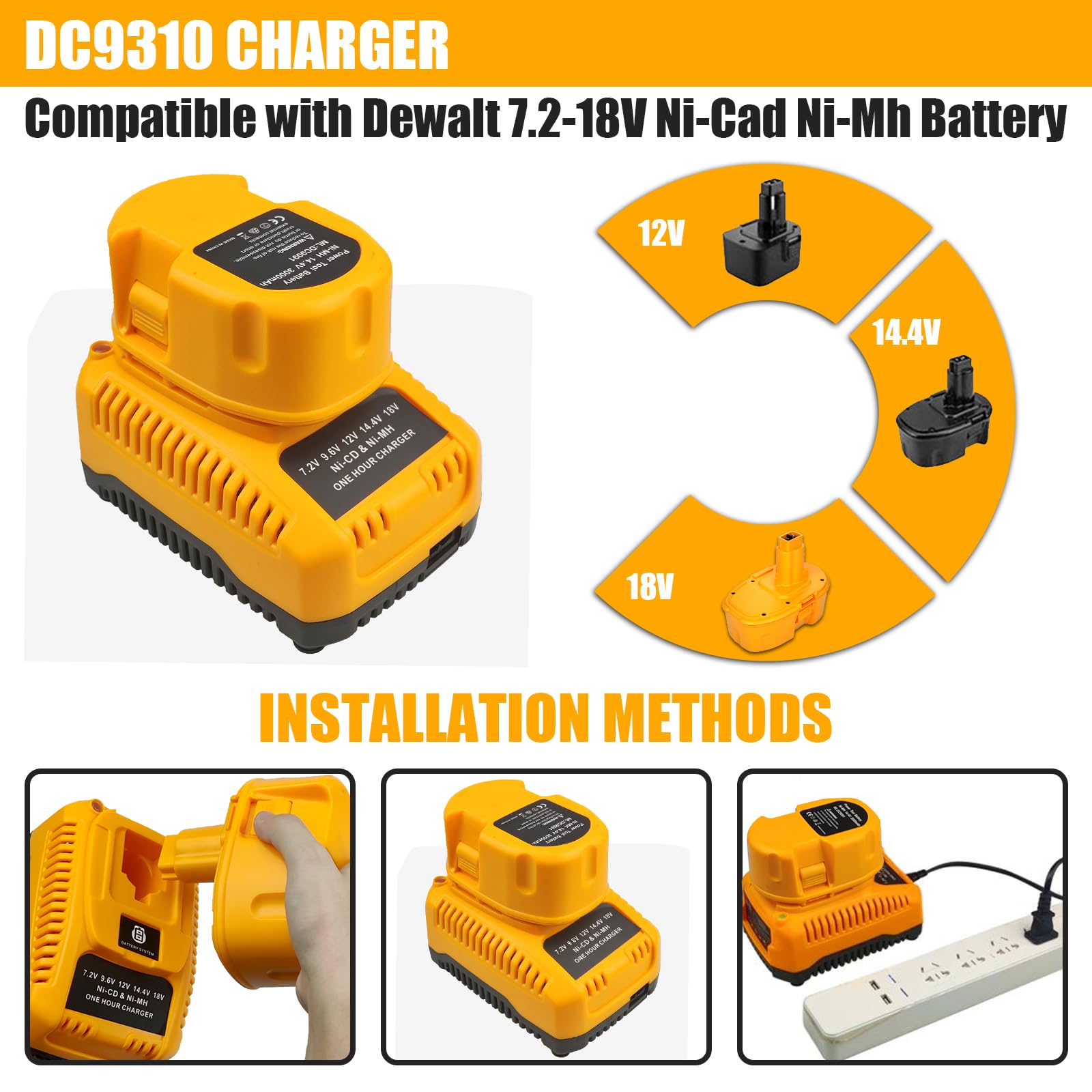 2Pack 18V 3600mAh DC9096 DC9098 Replacement Battery Compatible with Dewalt 18 Volt Battery DC9099 DW9098 DW9099 DW9095 DW9096 DE9039 DE9098 and DC9310 Charger for 7.2-18V Ni-Cad Ni-Mh Battery (Yellow)