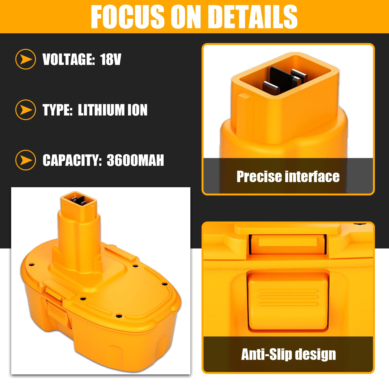 2Pack 18V 3600mAh DC9096 DC9098 Replacement Battery Compatible with Dewalt 18 Volt Battery DC9099 DW9098 DW9099 DW9095 DW9096 DE9039 DE9098 and DC9310 Charger for 7.2-18V Ni-Cad Ni-Mh Battery (Yellow)