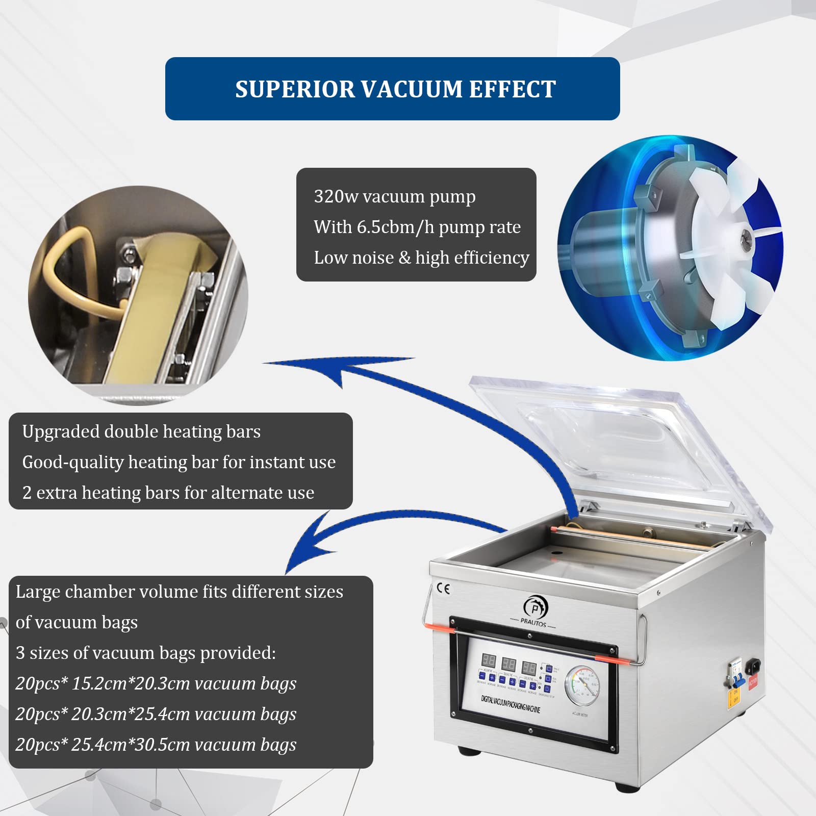 P PBAUTOS Chamber Vacuum Sealer Machine, with Micro Computer Control and Tight Buckle Design, DZ320 110V/60Hz Food Packaging Sealer Machine, Applied in Home Kitchen and Commercial Use