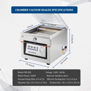 P PBAUTOS Chamber Vacuum Sealer Machine, with Micro Computer Control and Tight Buckle Design, DZ320 110V/60Hz Food Packaging Sealer Machine, Applied in Home Kitchen and Commercial Use