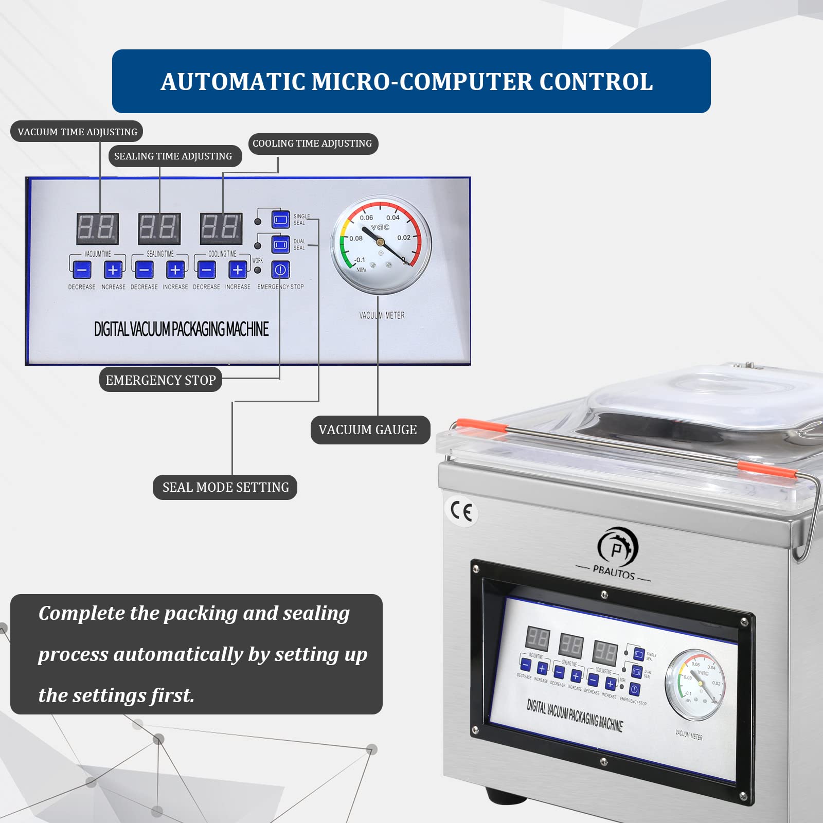 P PBAUTOS Chamber Vacuum Sealer Machine, with Micro Computer Control and Tight Buckle Design, DZ320 110V/60Hz Food Packaging Sealer Machine, Applied in Home Kitchen and Commercial Use