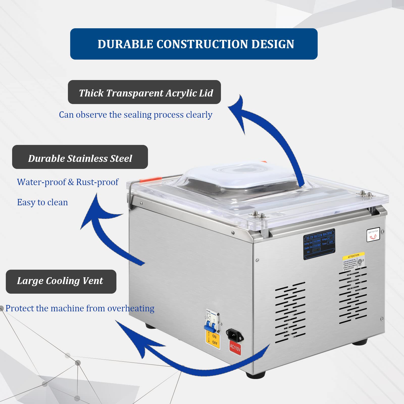 P PBAUTOS Chamber Vacuum Sealer Machine, with Micro Computer Control and Tight Buckle Design, DZ320 110V/60Hz Food Packaging Sealer Machine, Applied in Home Kitchen and Commercial Use