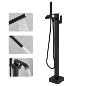 RUMOSE Tub Filler Freestanding Bathtub Faucet Matte Black Floor Mount Tub Faucet Waterfall Free Standing Bathtub Filler High Flow Brass Bath Shower Faucets with Handheld Sprayer