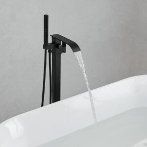 RUMOSE Tub Filler Freestanding Bathtub Faucet Matte Black Floor Mount Tub Faucet Waterfall Free Standing Bathtub Filler High Flow Brass Bath Shower Faucets with Handheld Sprayer