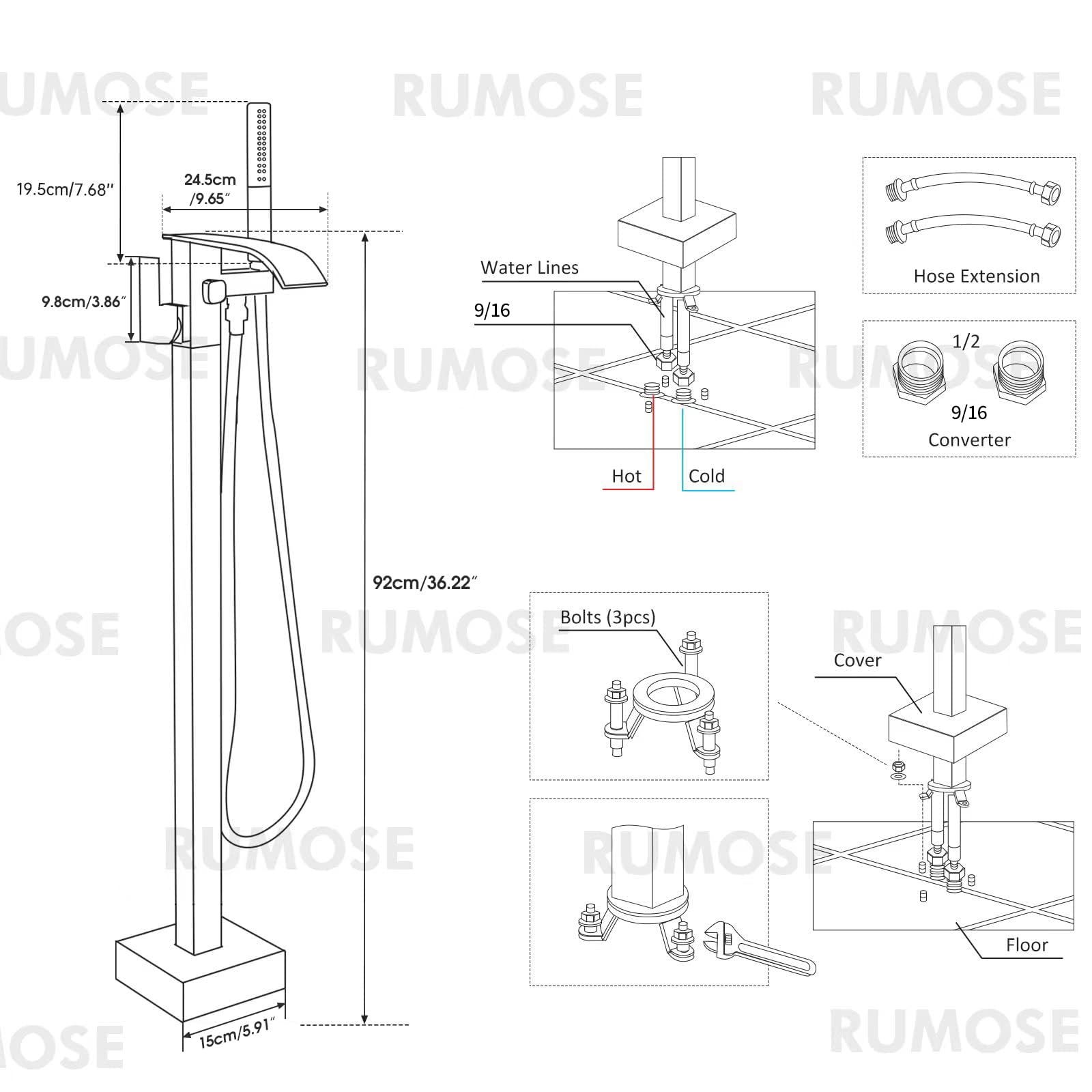 RUMOSE Tub Filler Freestanding Bathtub Faucet Matte Black Floor Mount Tub Faucet Waterfall Free Standing Bathtub Filler High Flow Brass Bath Shower Faucets with Handheld Sprayer