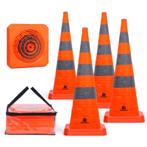 roadhero 36 inch [4 pack] collapsible traffic safety cones, multi purpose pop-up cones with reflective collar for road safety, orange cones for driving training, parking lots