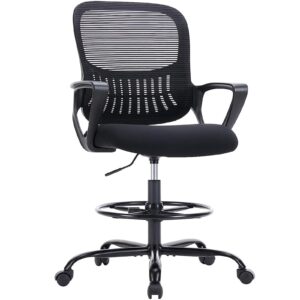 mcq drafting chair with fixed armrests and foot-ring, tall office chair for standing desk adjustable height office desk chair for home office, breathable mesh swivel rolling tall chair black