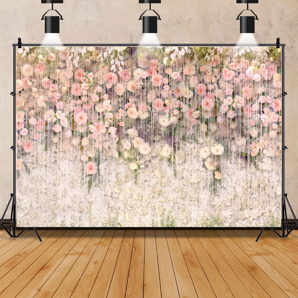 Floral Wedding Backdrop for Photoshoot 7x5ft Pink and White Flower Photography Background Vinyl Flowers Wall Backdrop Wedding Birthday Baby Shower Party Decorations Banner Studio Photo Booth Props