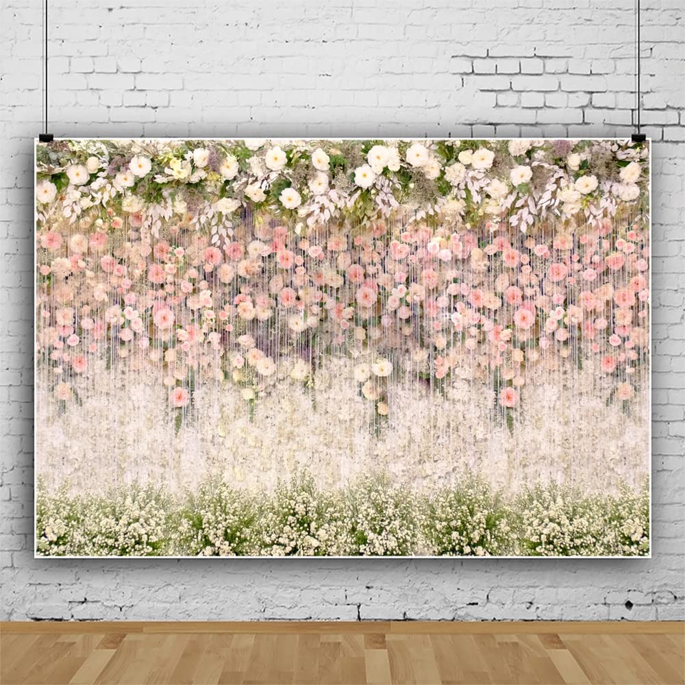 Floral Wedding Backdrop for Photoshoot 7x5ft Pink and White Flower Photography Background Vinyl Flowers Wall Backdrop Wedding Birthday Baby Shower Party Decorations Banner Studio Photo Booth Props